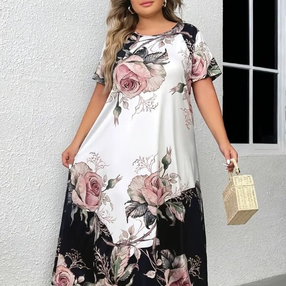 Women's Plus Size Elegant Floral Print Color Block Long Maxi Dress 18W & 22W - Picture 1 of 9